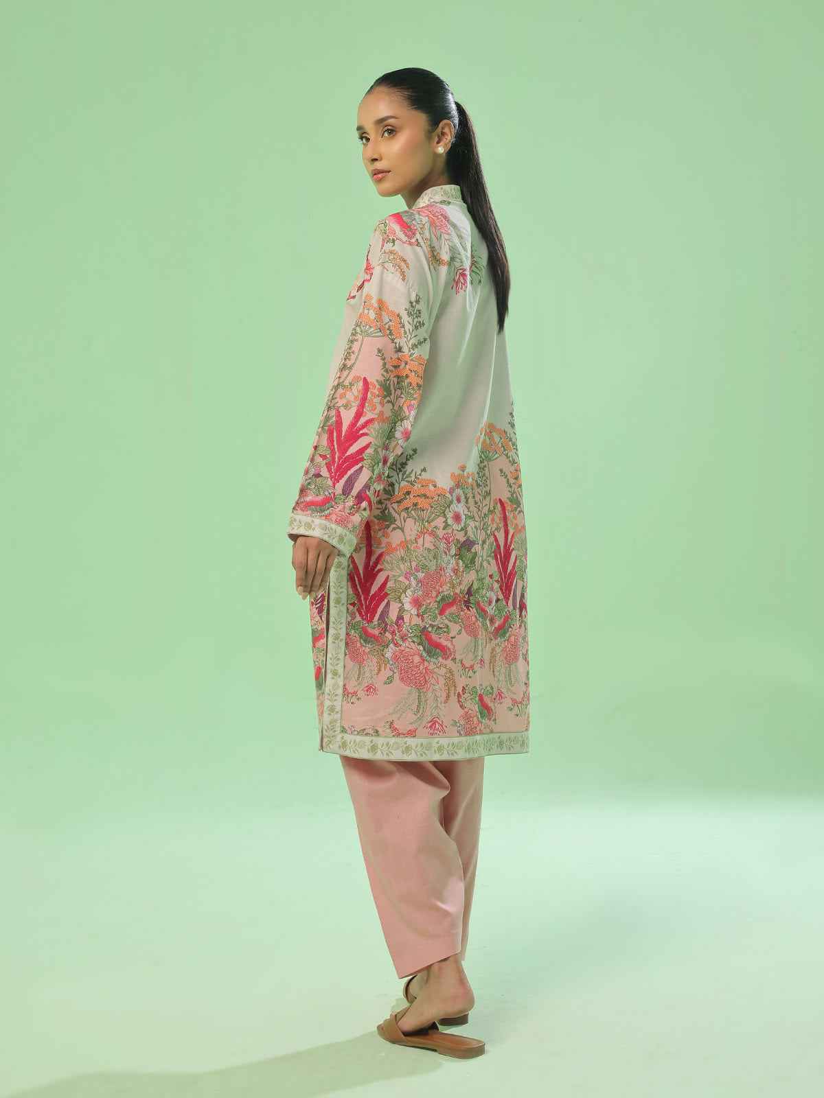 1Pc Printed Pret & Unstitched Kurti Lawn Beige & Peach