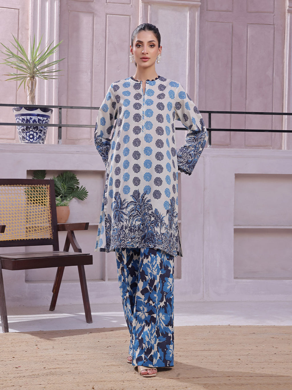 2Pc Printed Pret Shirt Trouser Lawn Beige & Blue - OW2P-2505002