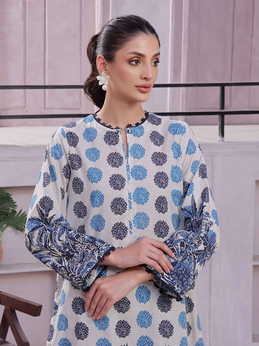 2Pc Printed Pret & Unstitched Shirt Trouser Lawn Beige & Blue