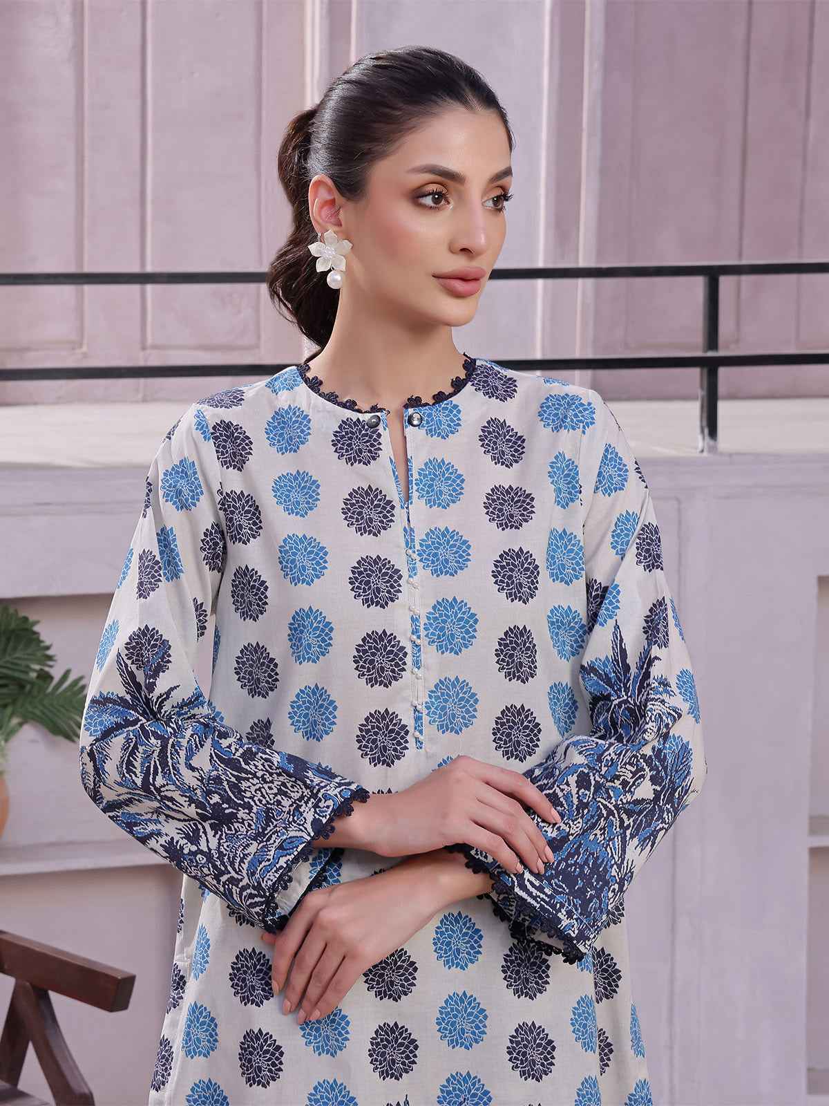 2Pc Printed Pret & Unstitched Shirt Trouser Lawn Beige & Blue