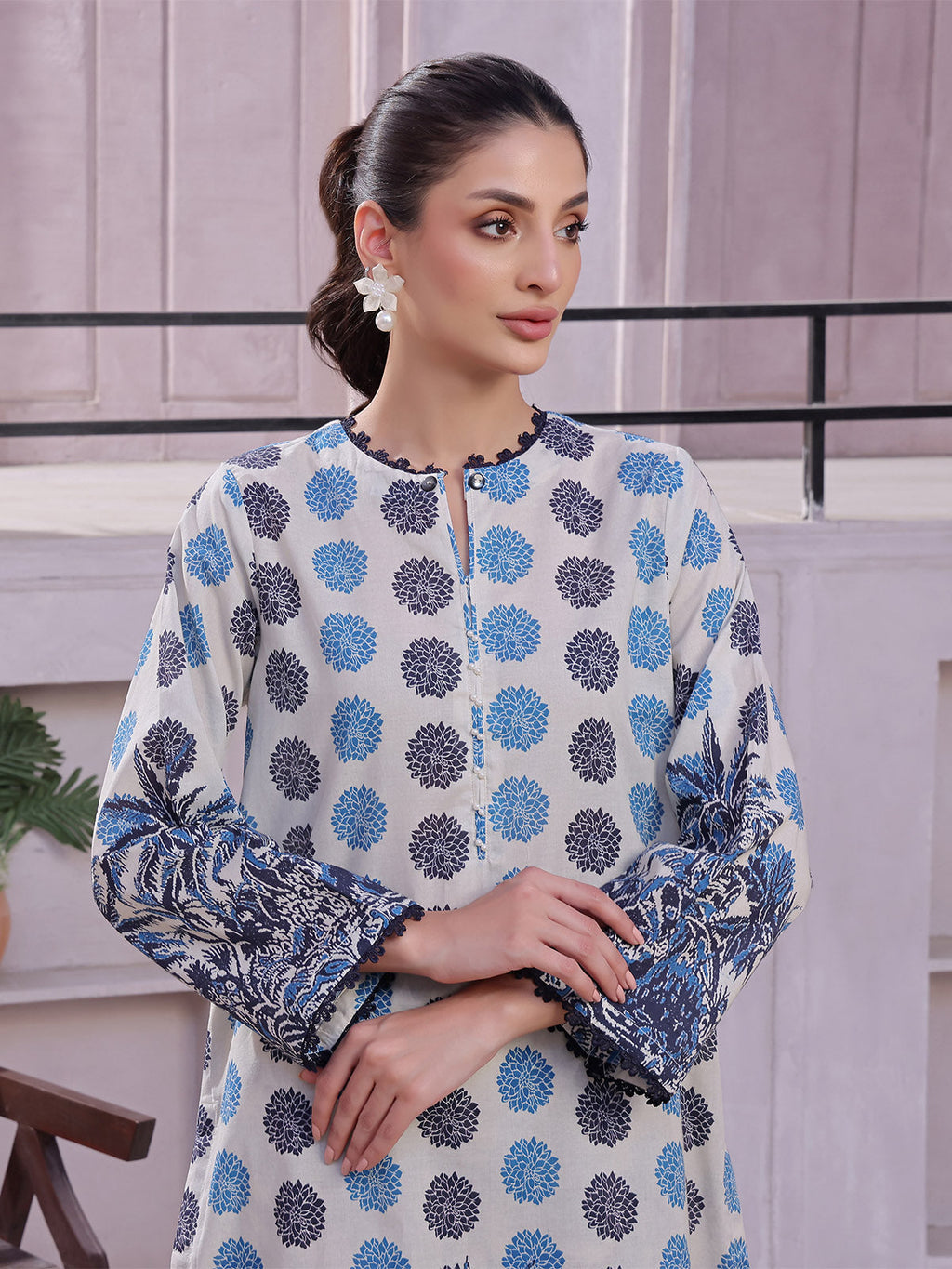 2Pc Printed Unstitched Shirt Trouser Lawn Beige & Blue - OL2PT-6347-A