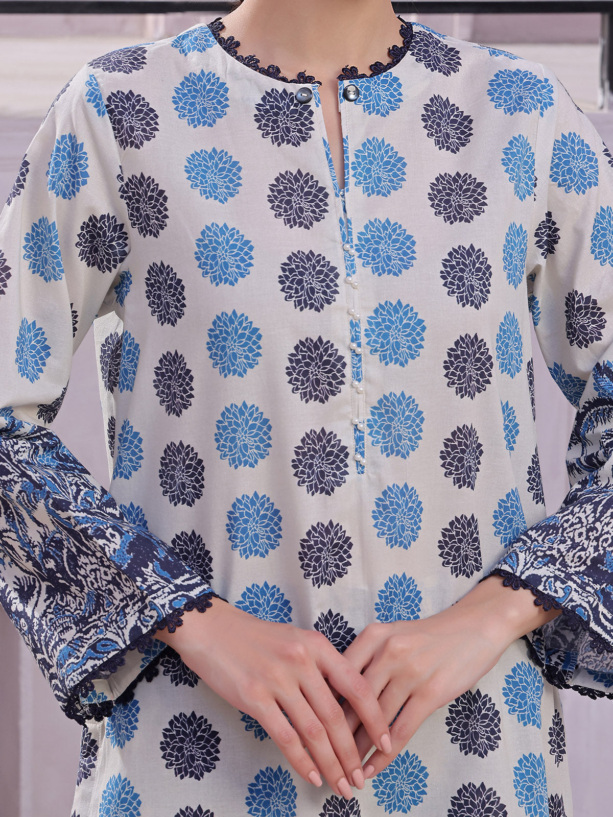 2Pc Printed Unstitched Shirt Trouser Lawn Beige & Blue - OL2PT-6347-A