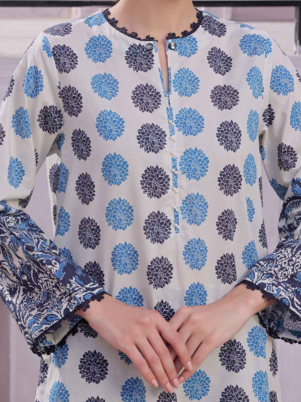 2Pc Printed Pret & Unstitched Shirt Trouser Lawn Beige & Blue