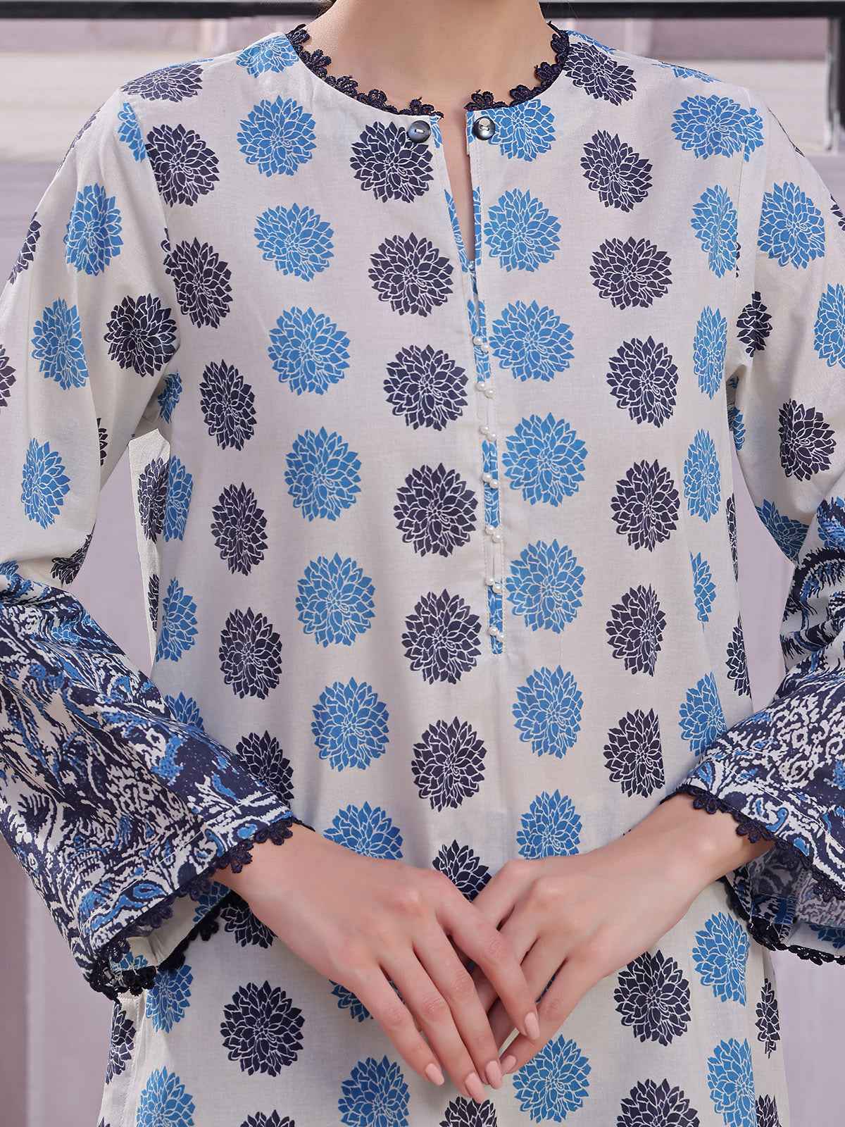 2Pc Printed Pret & Unstitched Shirt Trouser Lawn Beige & Blue
