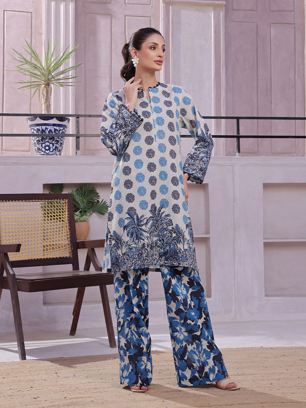 2Pc Printed Pret & Unstitched Shirt Trouser Lawn Beige & Blue