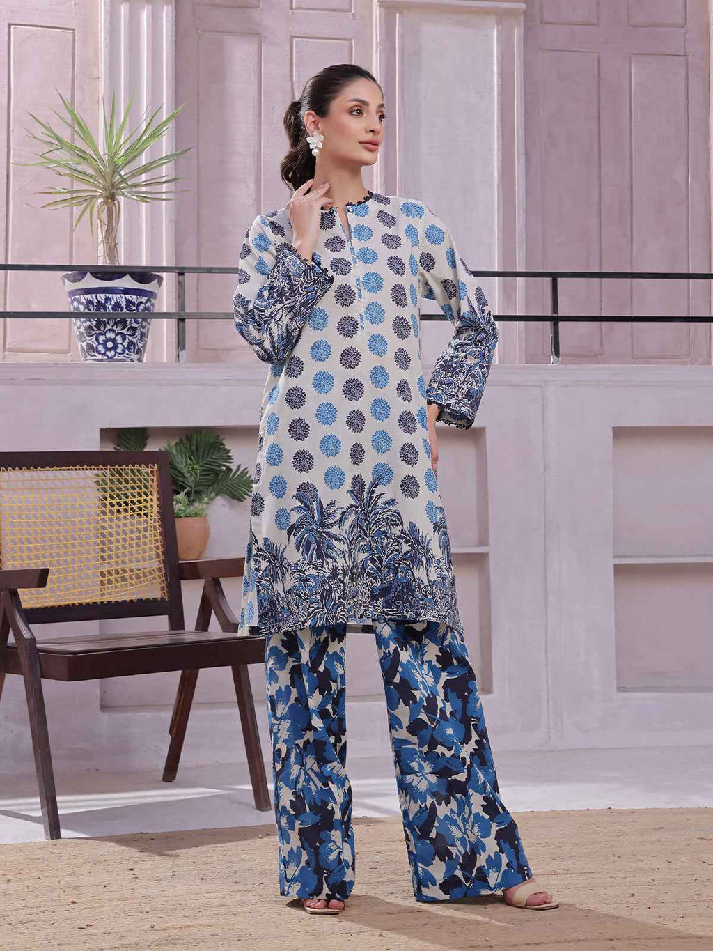 2Pc Printed Pret & Unstitched Shirt Trouser Lawn Beige & Blue