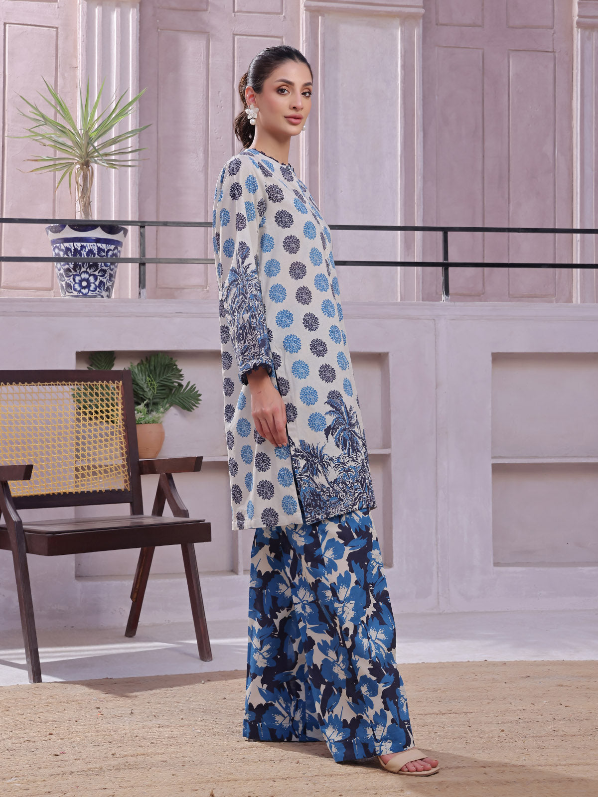 2Pc Printed Pret Shirt Trouser Lawn Beige & Blue - OW2P-2505002