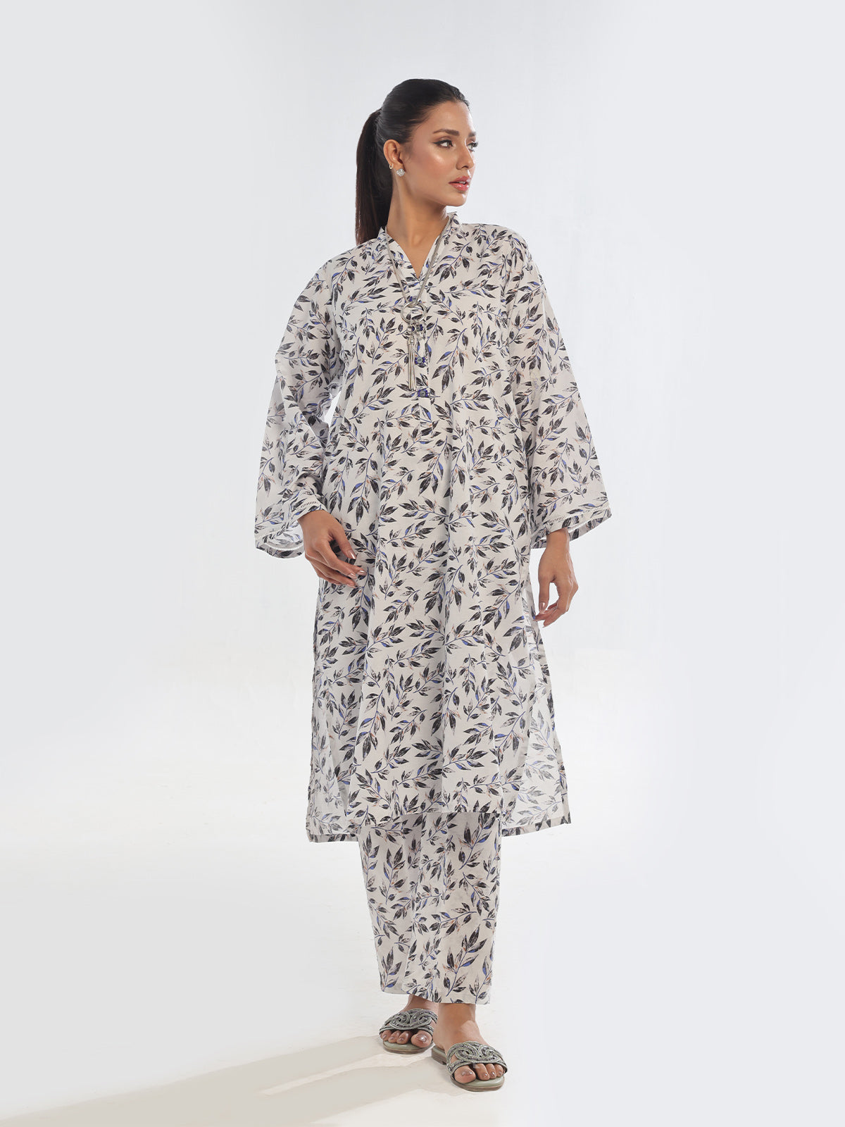 2Pc Printed Pret Shirt Trouser Swiss Lawn Black & White - OW2P-2412018