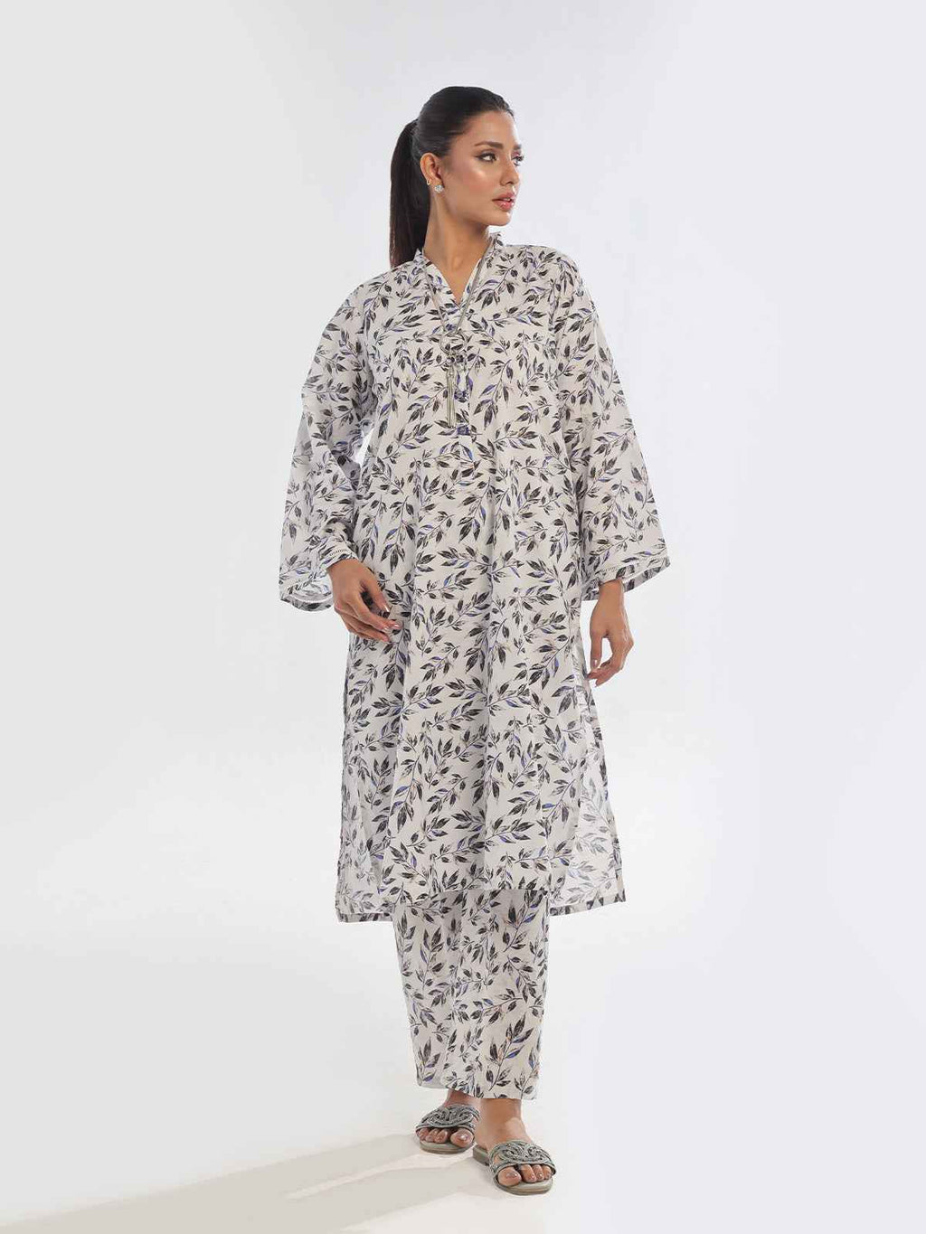 1Pc Printed Unstitched Kurti Swiss Lawn Black & White - OLK-6287-A