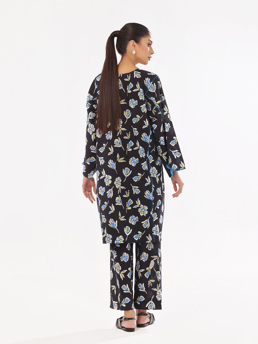 2Pc Printed Pret & Unstitched Shirt Trouser Swiss Lawn Black