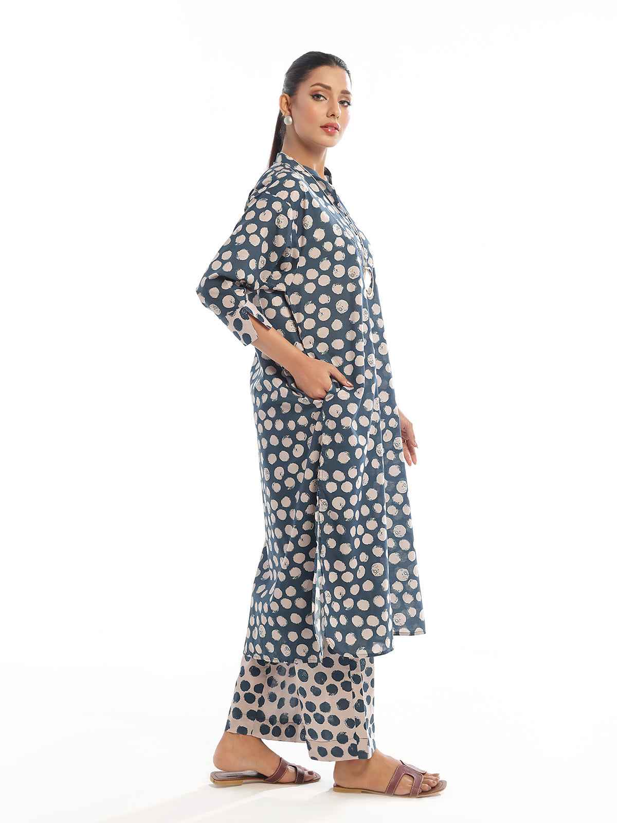 2Pc Printed Pret Shirt Trouser Swiss Lawn Beige & Blue - OW2P-2412019