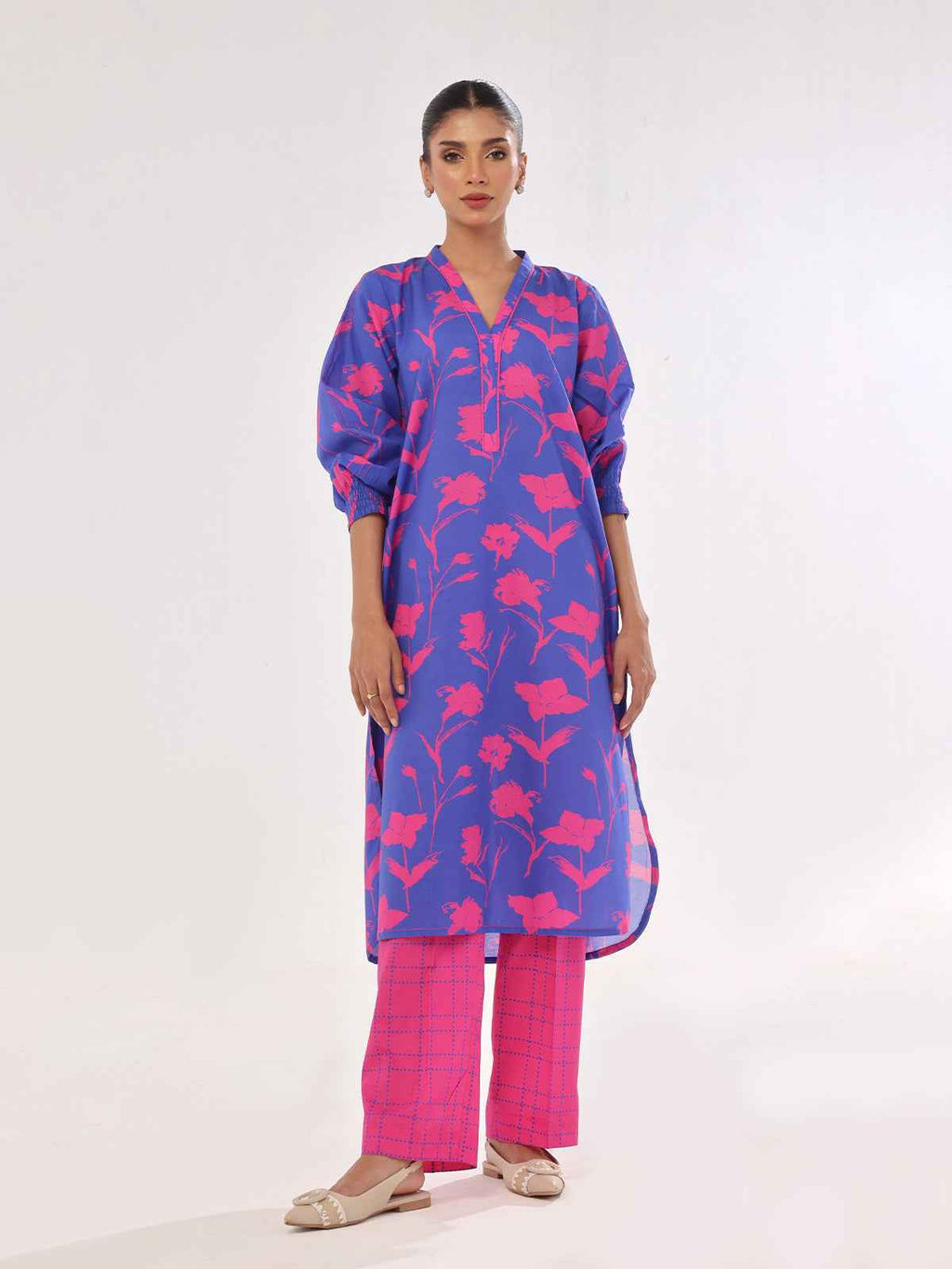 2Pc Printed Pret & Unstitched Shirt Trouser Swiss Lawn Pink
