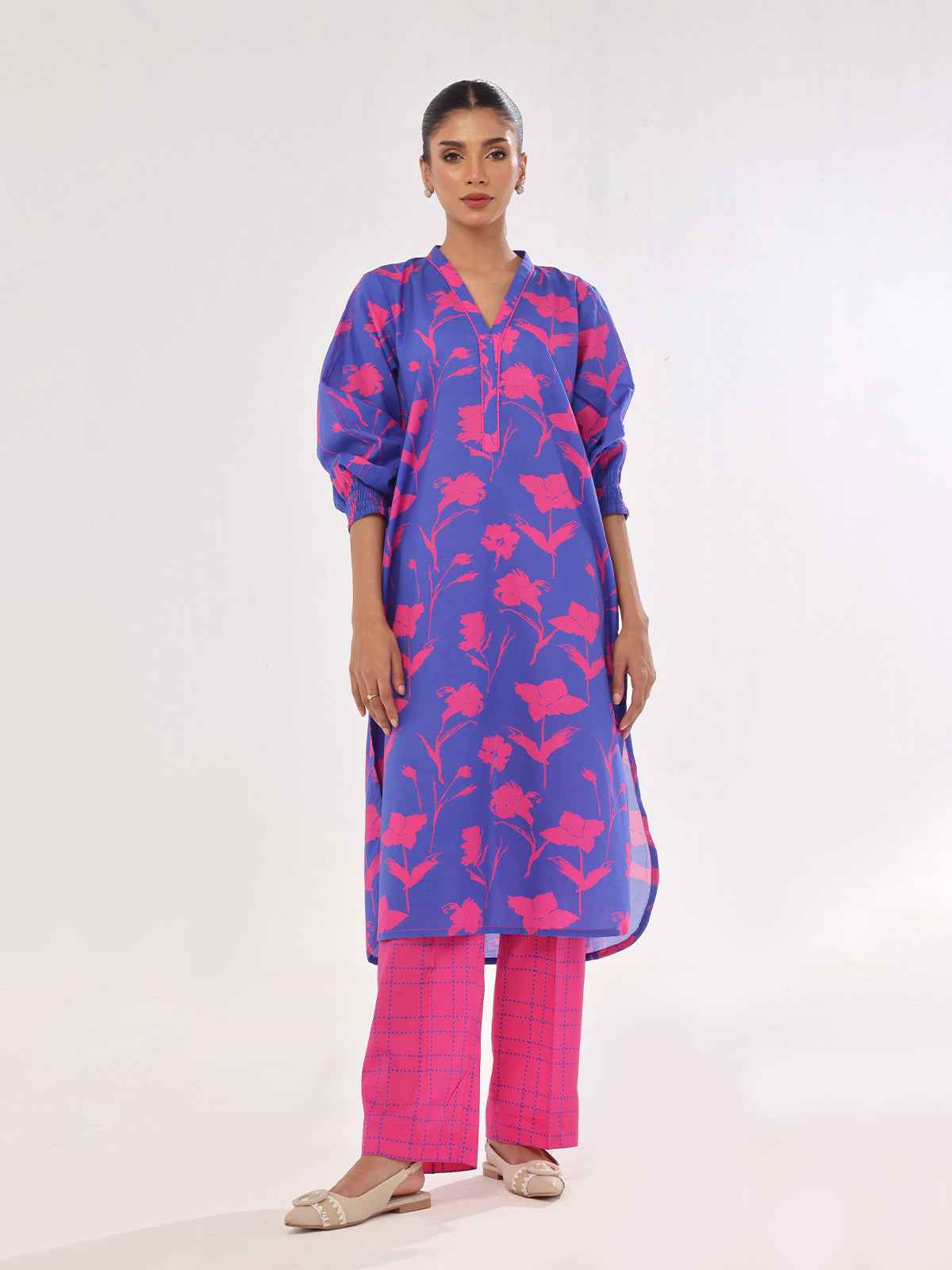 2Pc Printed Pret & Unstitched Shirt Trouser Swiss Lawn Pink