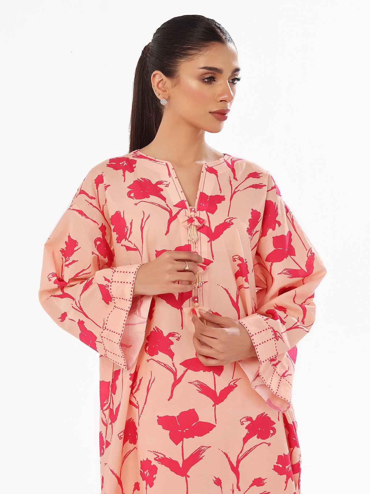 2Pc Printed Pret & Unstitched Shirt Trouser Swiss Lawn Peach