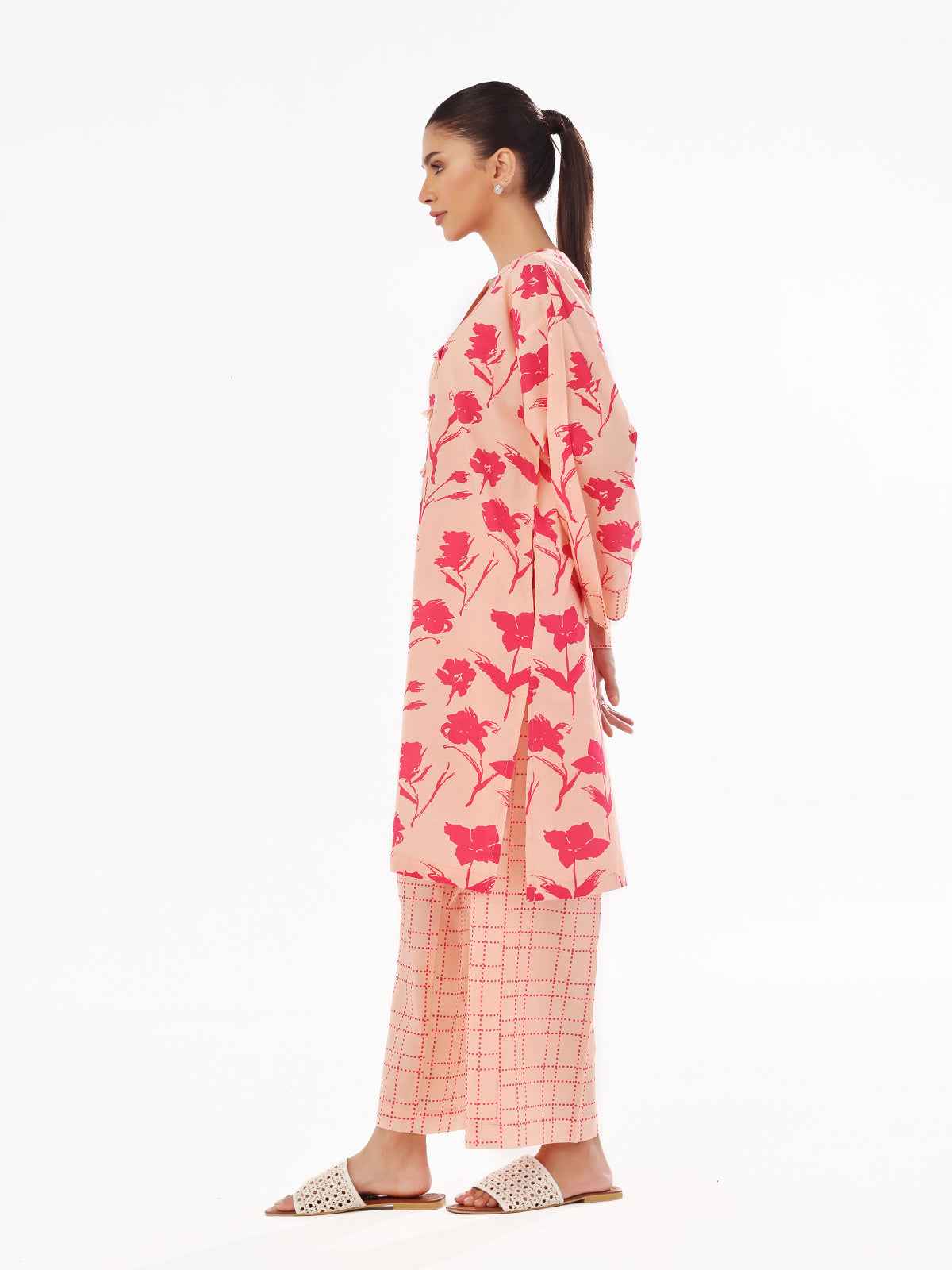 2Pc Printed Pret & Unstitched Shirt Trouser Swiss Lawn Peach