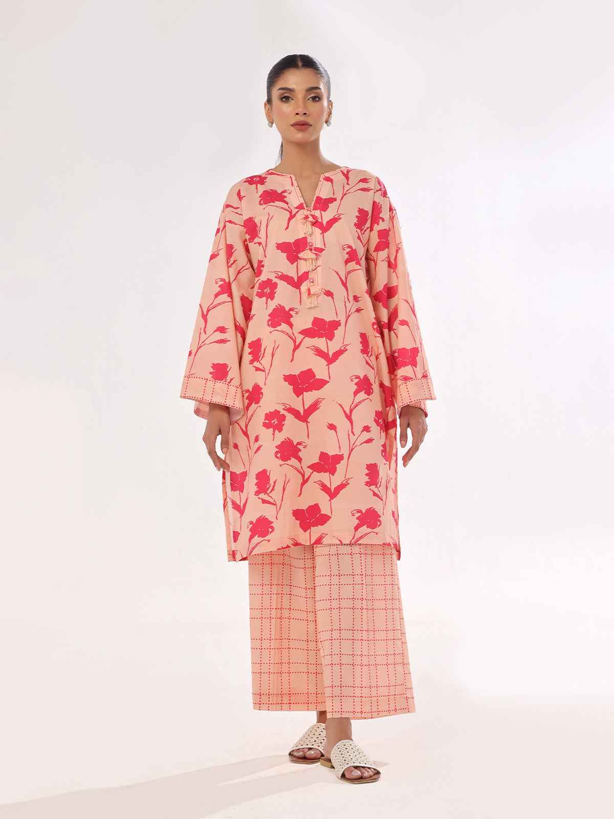 2Pc Printed Pret & Unstitched Shirt Trouser Swiss Lawn Peach