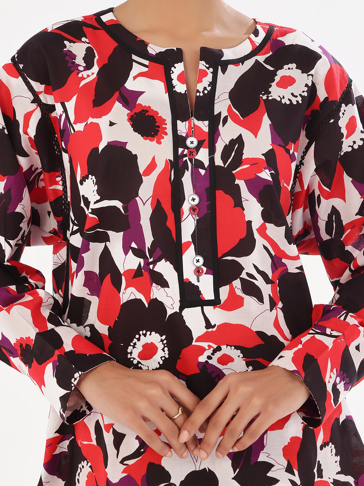 2Pc Printed Pret & Unstitched Shirt Trouser Swiss Lawn Black & Red