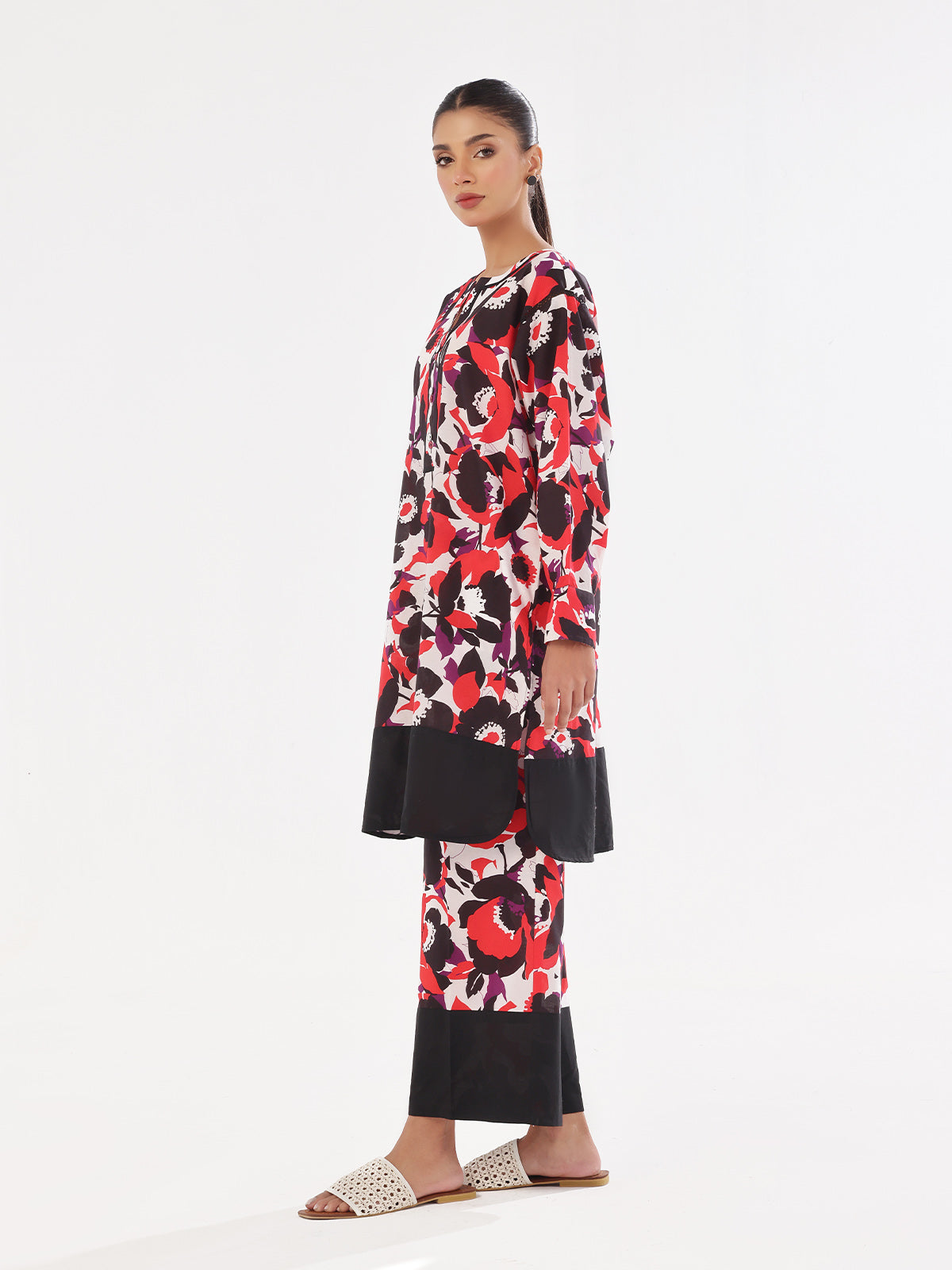 2Pc Printed Pret Shirt Trouser Swiss Lawn Black & Red - OW2P-2412006