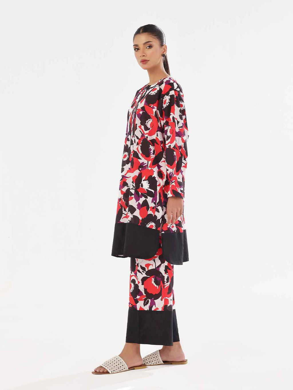 2Pc Printed Pret & Unstitched Shirt Trouser Swiss Lawn Black & Red