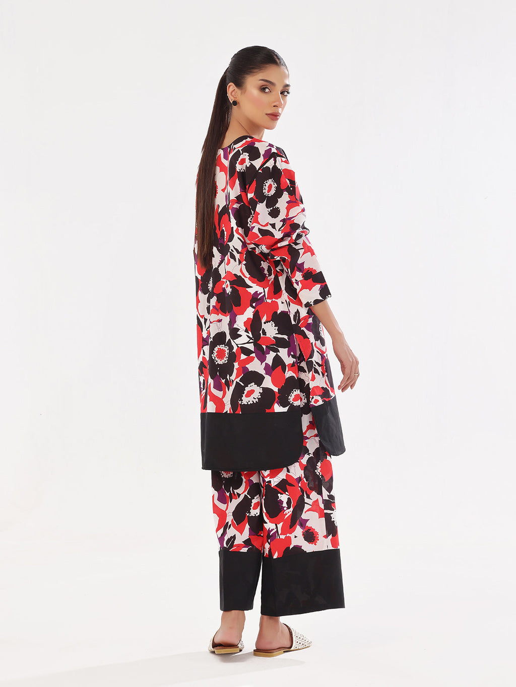 2Pc Printed Pret & Unstitched Shirt Trouser Swiss Lawn Black & Red