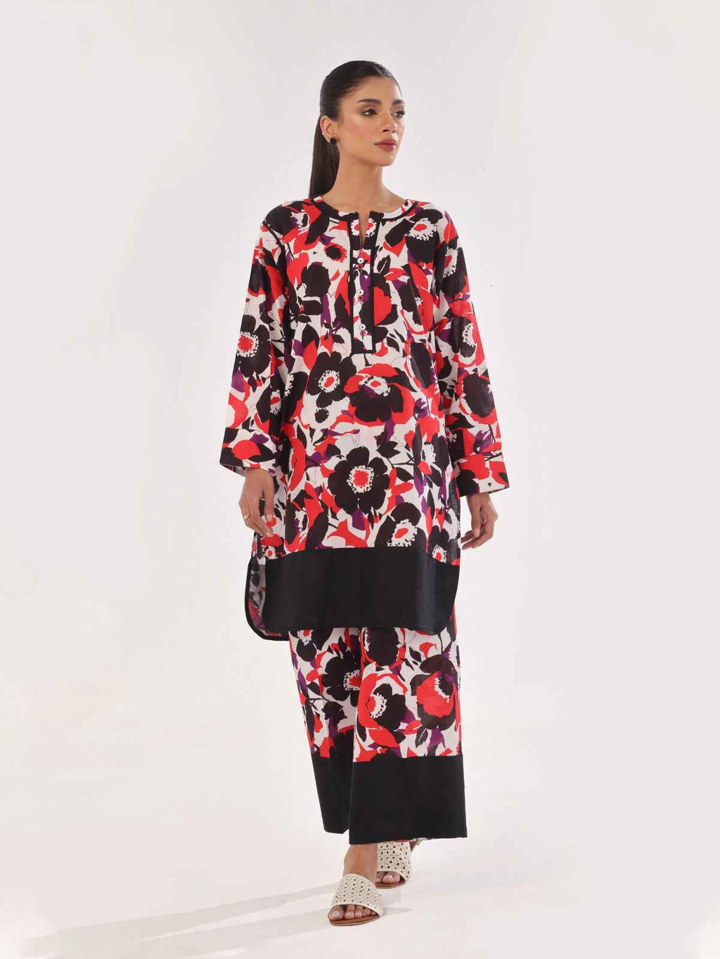 2Pc Printed Pret & Unstitched Shirt Trouser Swiss Lawn Black & Red