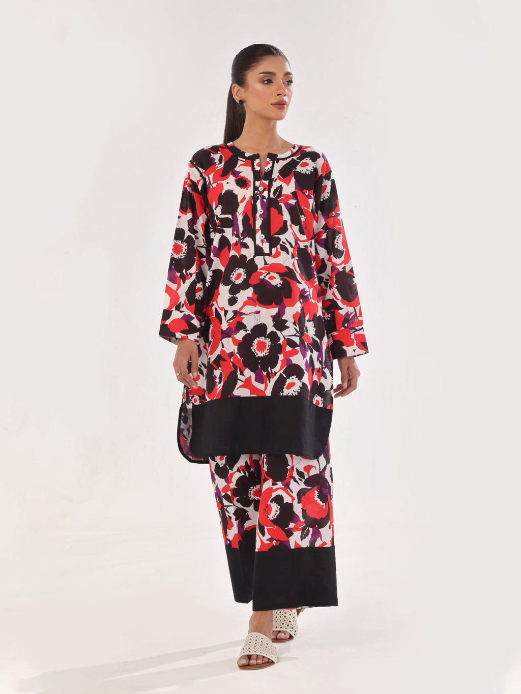 2Pc Printed Unstitched Swiss Lawn Black & Red - OL2PT-6309-A