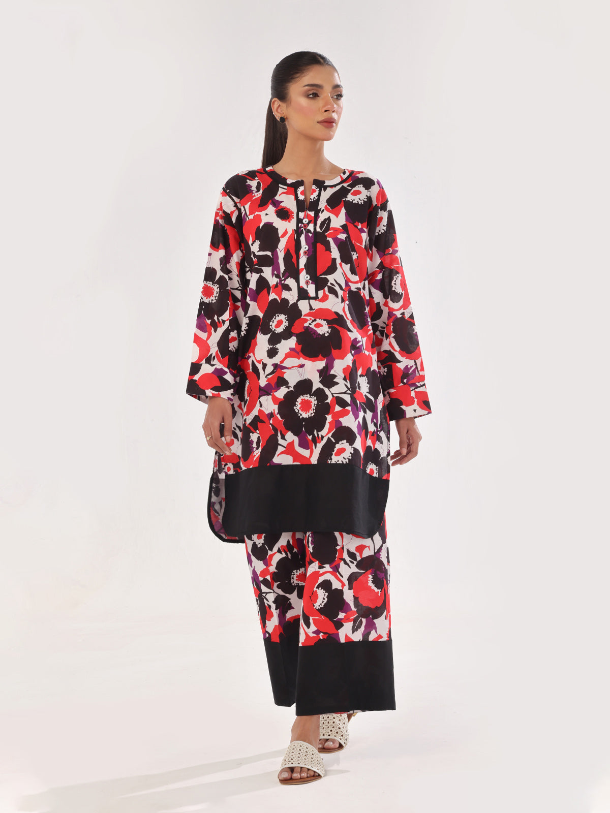 2Pc Printed Pret & Unstitched Shirt Trouser Swiss Lawn Black & Red