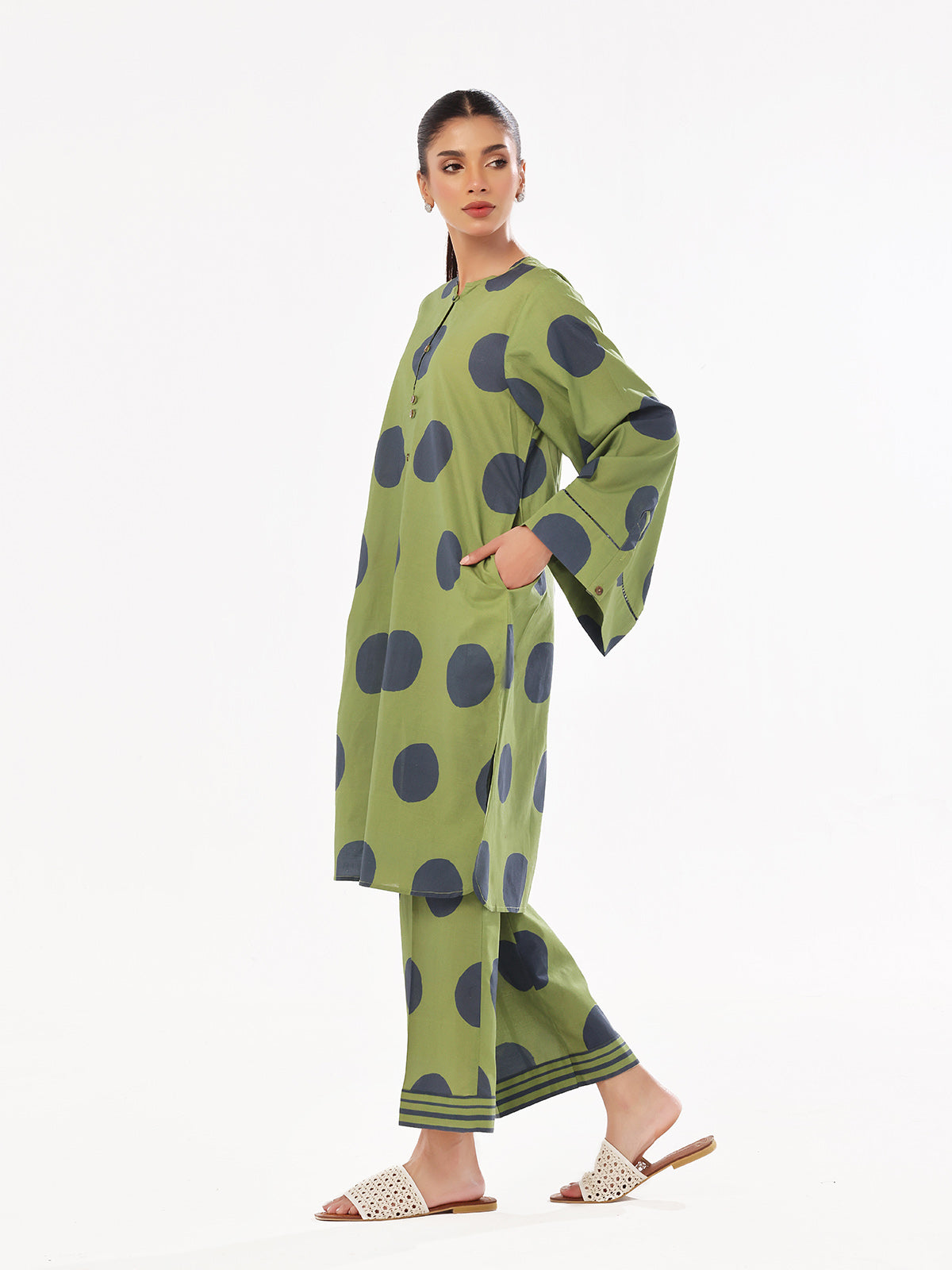 2Pc Printed Pret & Unstitched Shirt Trouser Swiss Lawn Green