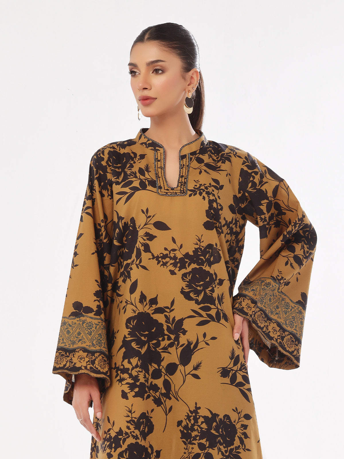 1Pc Printed Unstitched Kurti Swiss Lawn Mustard - OLK-6314-A