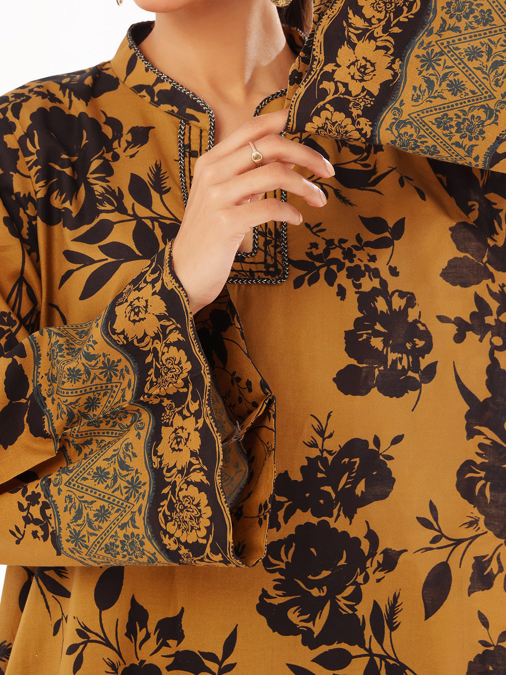 1Pc Printed Unstitched Kurti Swiss Lawn Mustard - OLK-6314-A