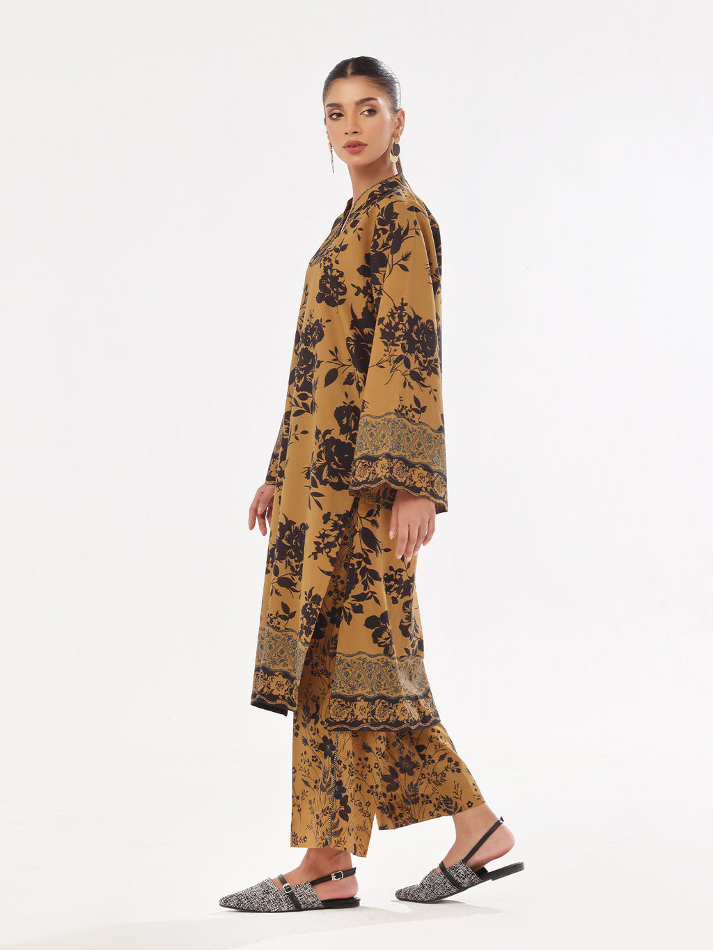 1Pc Printed Unstitched Kurti Swiss Lawn Mustard - OLK-6314-A