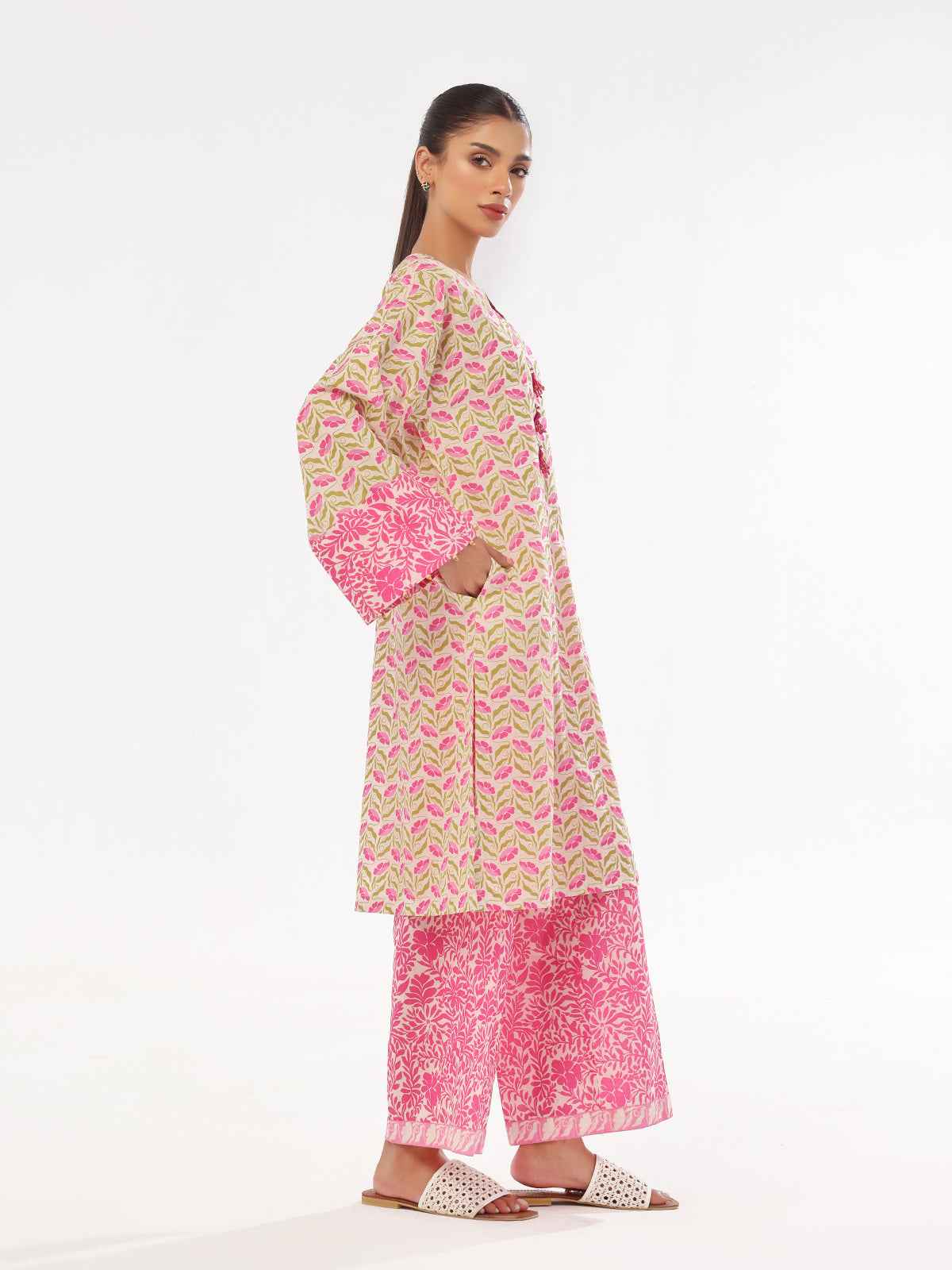 2Pc Printed Pret & Unstitched Shirt Trouser Lawn Pink