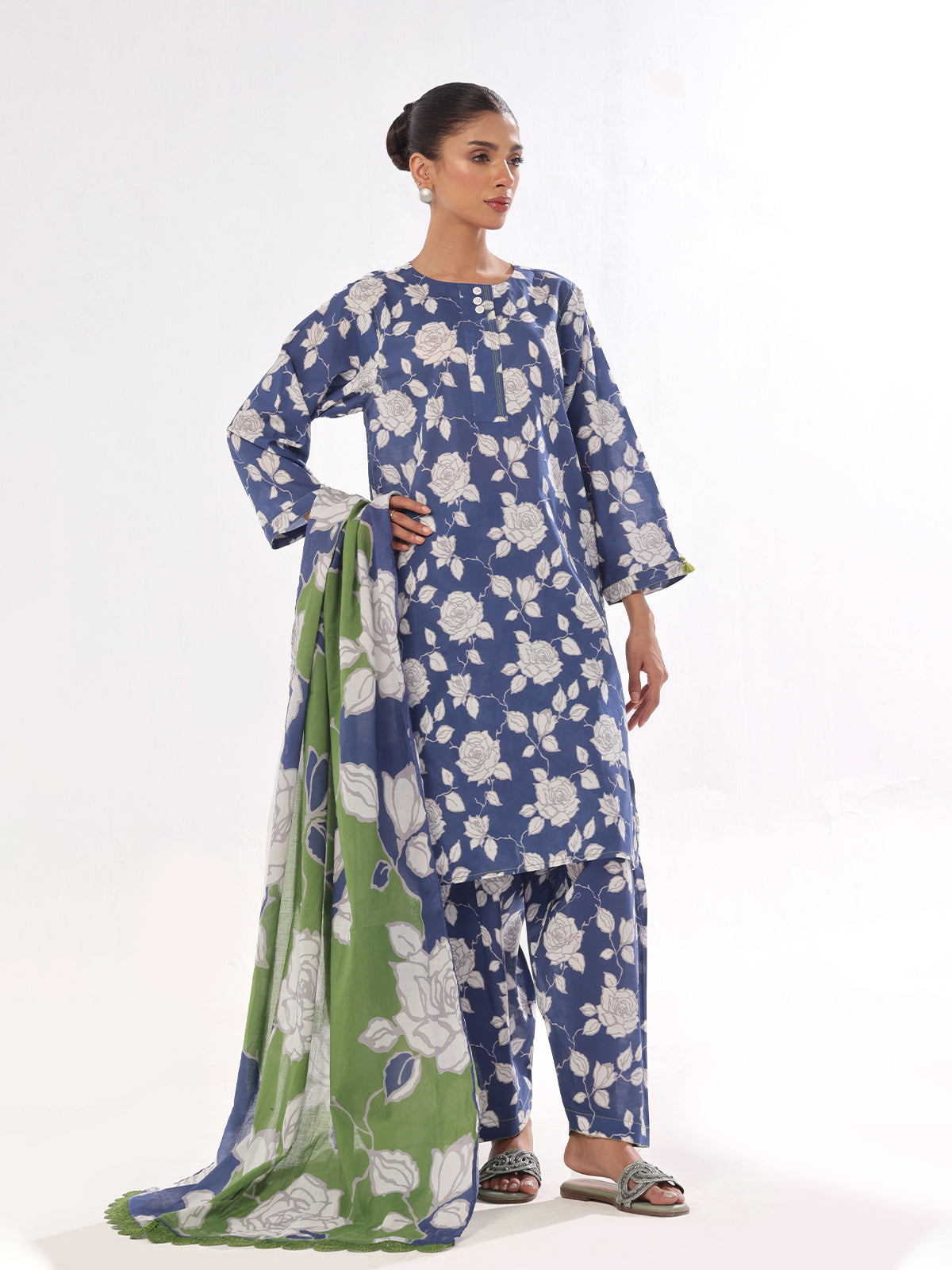 3Pc Printed Pret & Unstitched Suit Swiss Lawn Blue