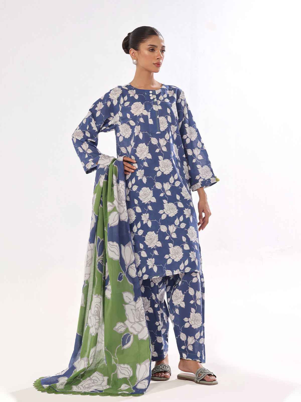 3Pc Printed Pret & Unstitched Suit Swiss Lawn Blue