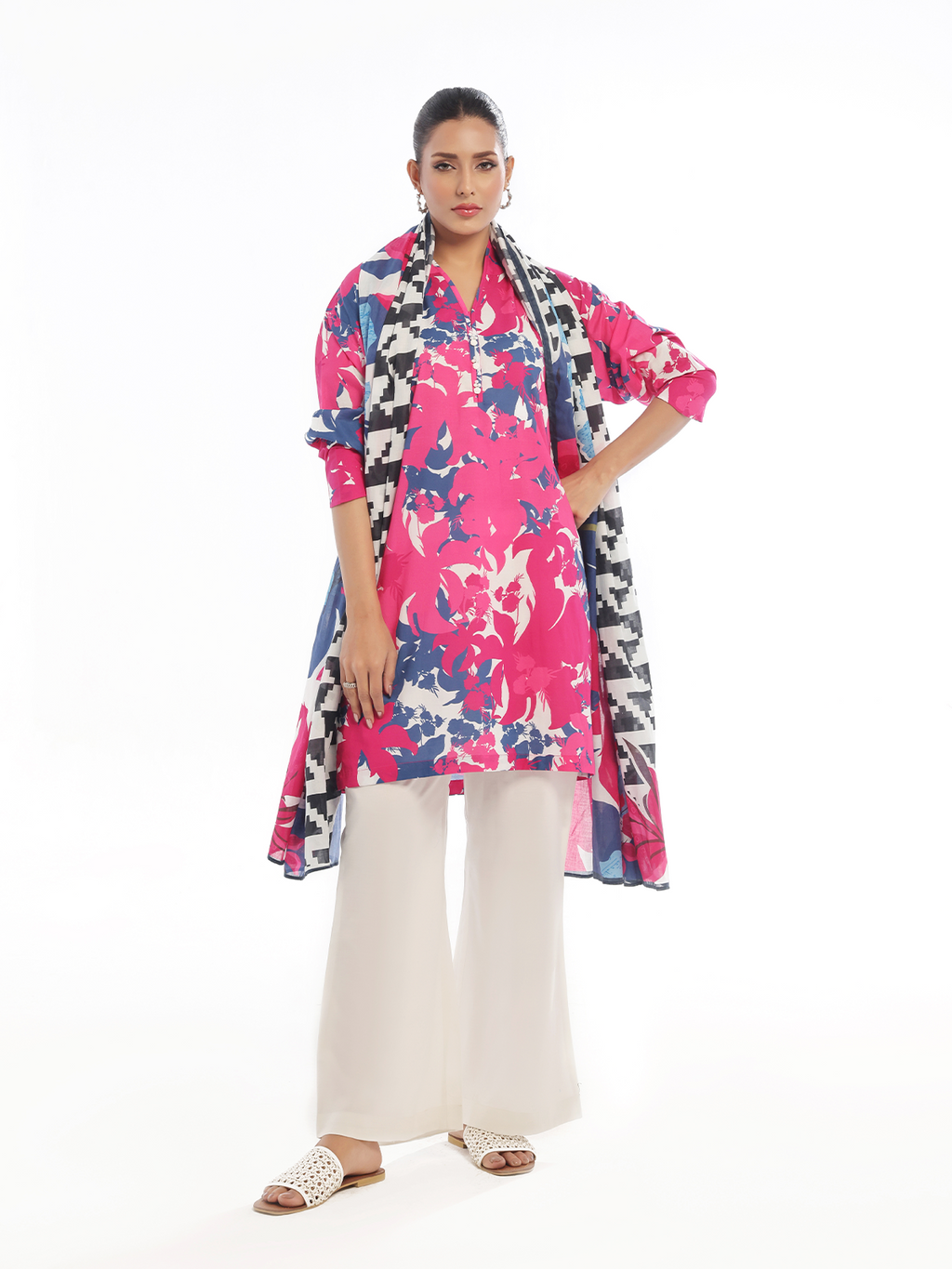 3Pc Printed Pret & Unstitched Suit Swiss Lawn Pink