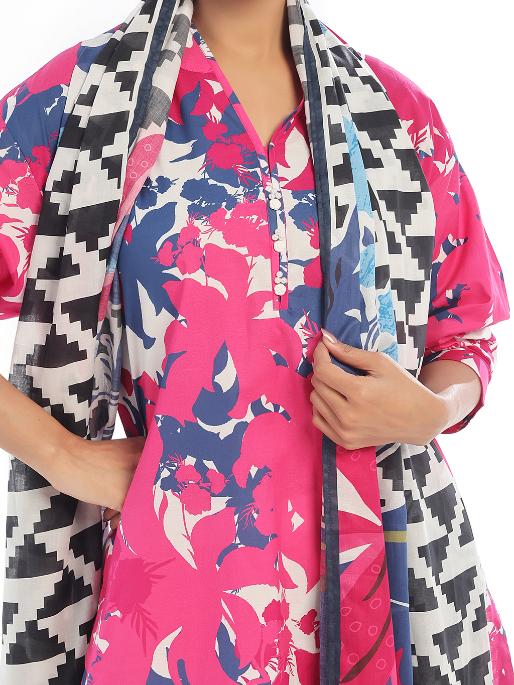 3Pc Printed Pret & Unstitched Suit Swiss Lawn Pink