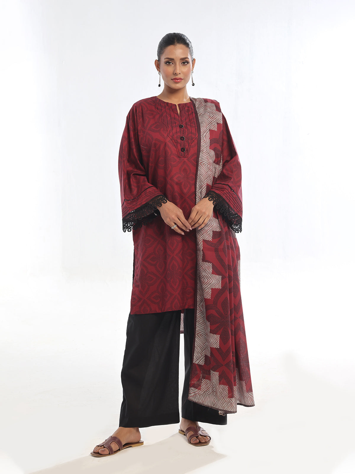 3PC Printed Pret & Unstitched Suit Lawn Rust
