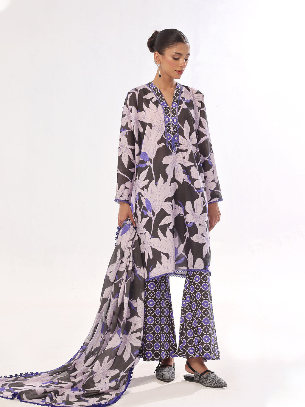 3Pc Printed Unstitched Swiss Lawn Black & Blue - OL3P-6342-A