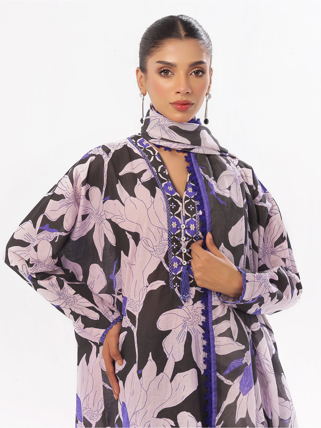 3Pc Printed Unstitched Swiss Lawn Black & Blue - OL3P-6342-A