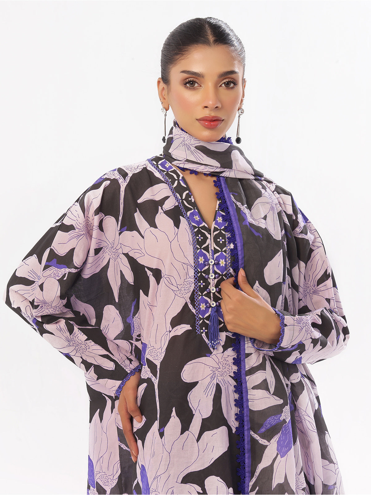 3Pc Printed Unstitched Swiss Lawn Black & Blue - OL3P-6342-A
