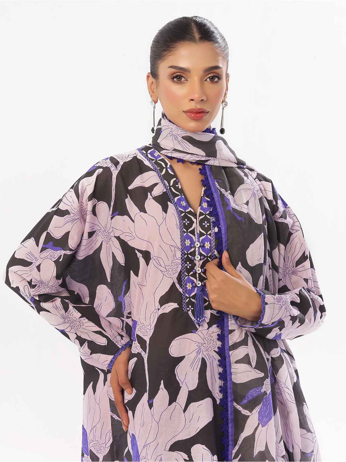 3Pc Printed Pret & Unstitched Suit Swiss Lawn Black & Blue
