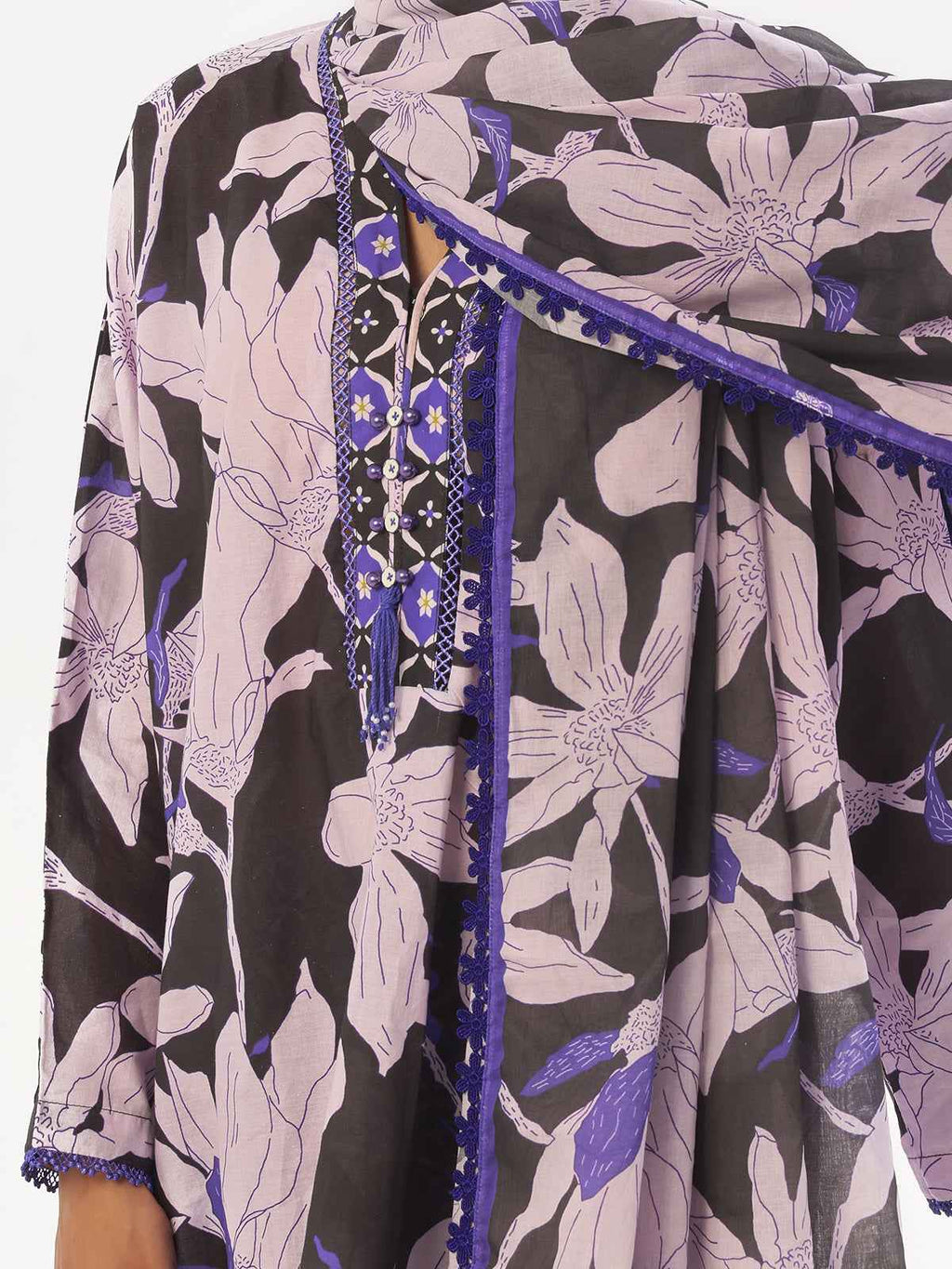 3Pc Printed Pret & Unstitched Suit Swiss Lawn Black & Blue