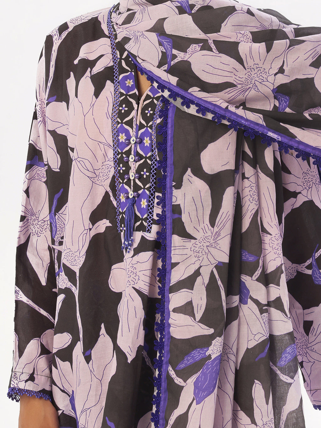 3Pc Printed Pret & Unstitched Suit Swiss Lawn Black & Blue