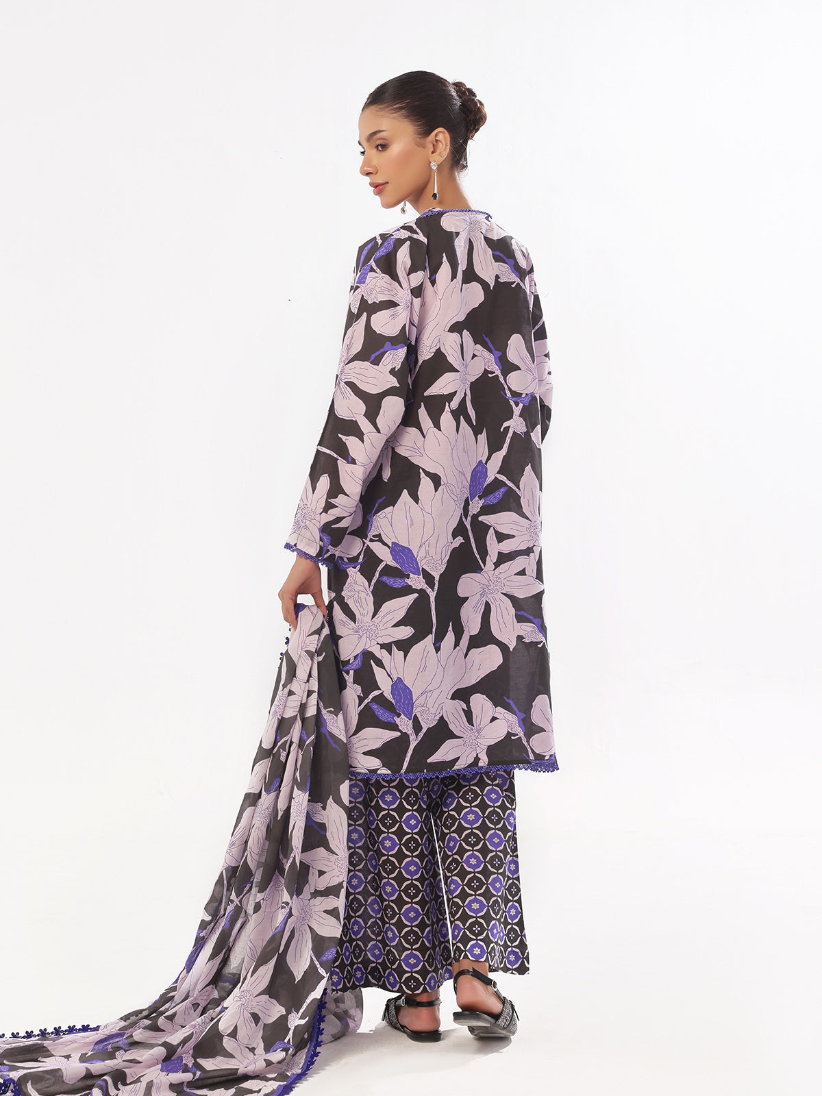 3Pc Printed Unstitched Swiss Lawn Black & Blue - OL3P-6342-A
