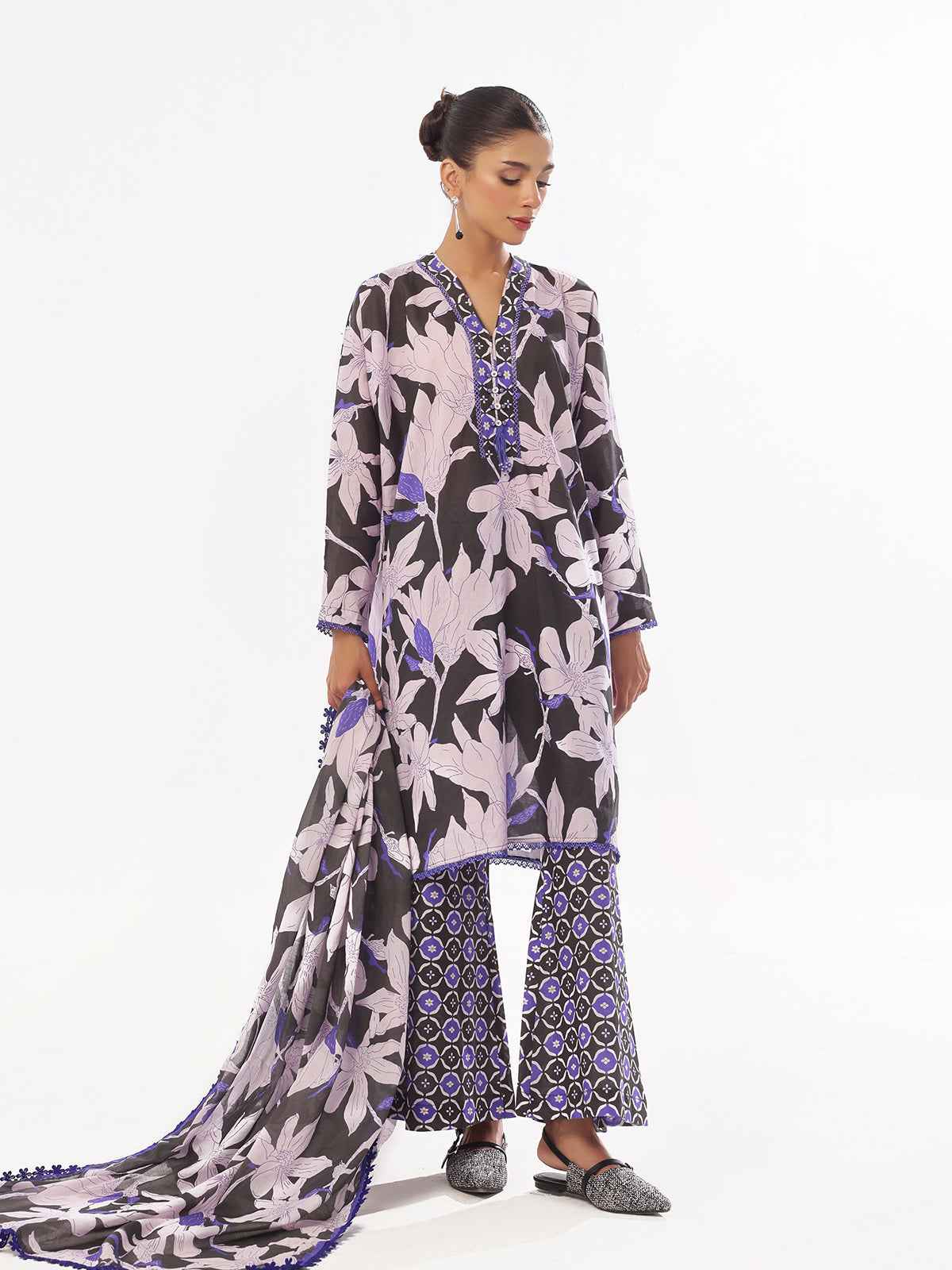 3Pc Printed Pret & Unstitched Suit Swiss Lawn Black & Blue