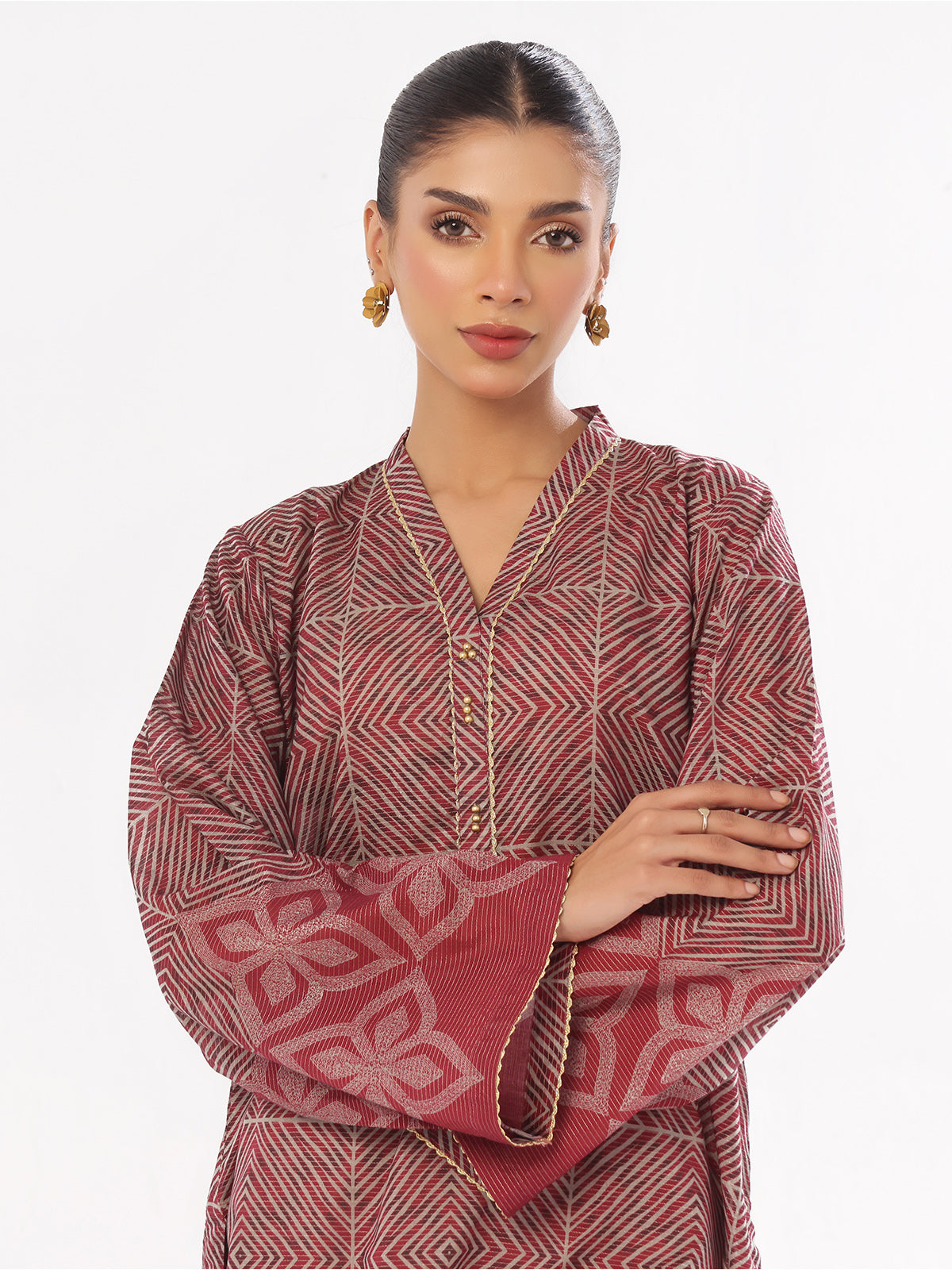 1Pc Printed Pret Kurti Masoori Lawn Maroon - OWKT-2412026
