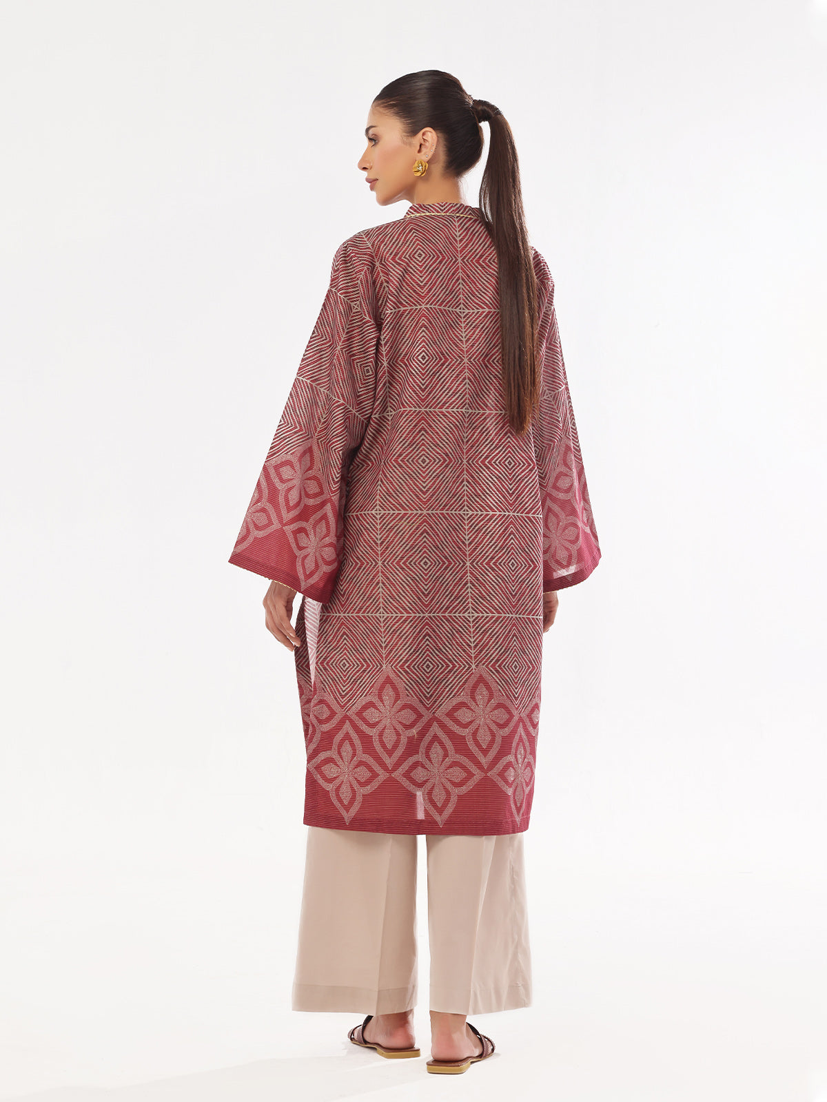 1Pc Printed Pret Kurti Masoori Lawn Maroon - OWKT-2412026