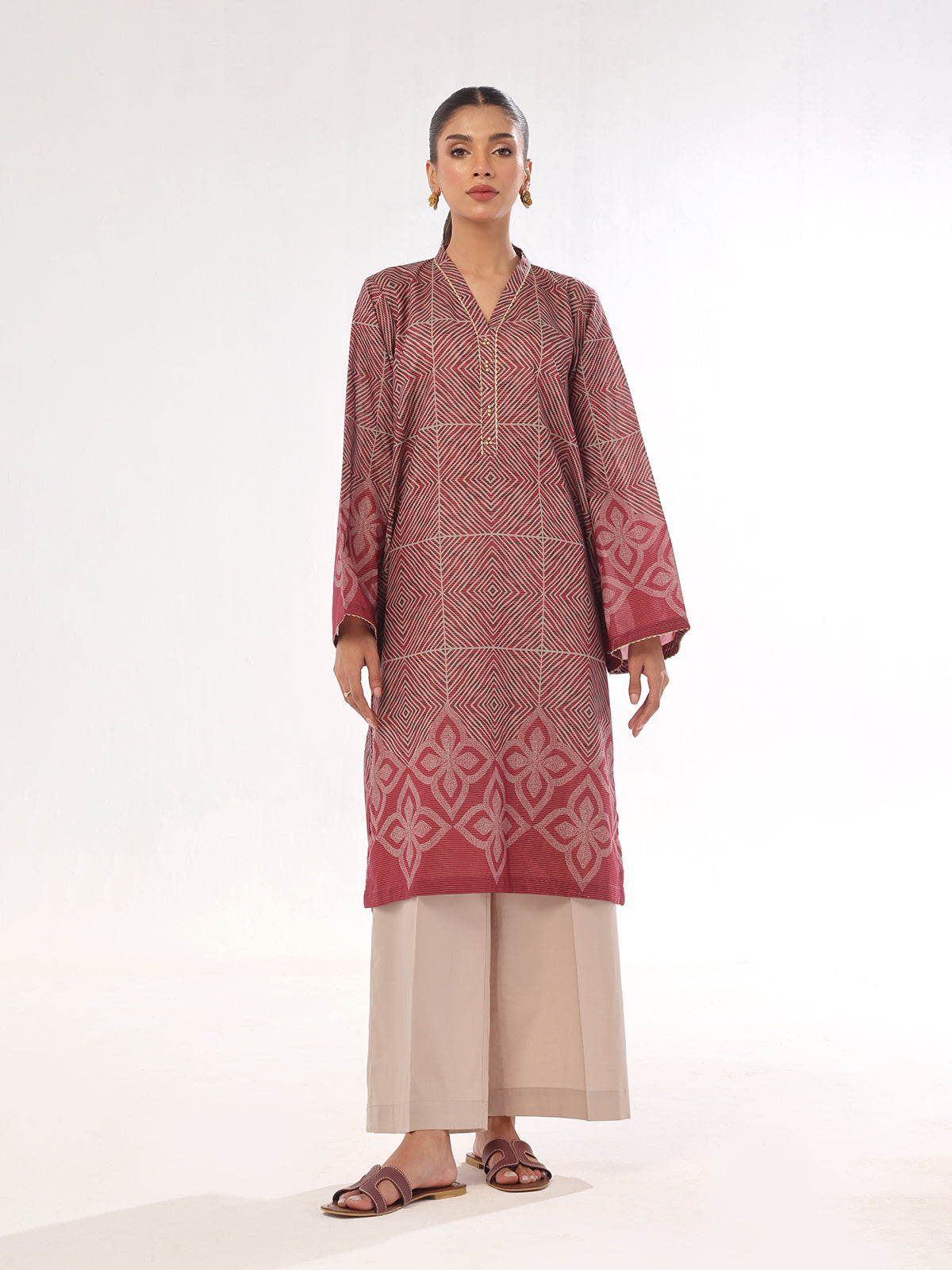 1Pc Printed Pret Kurti Masoori Lawn Maroon - OWKT-2412026