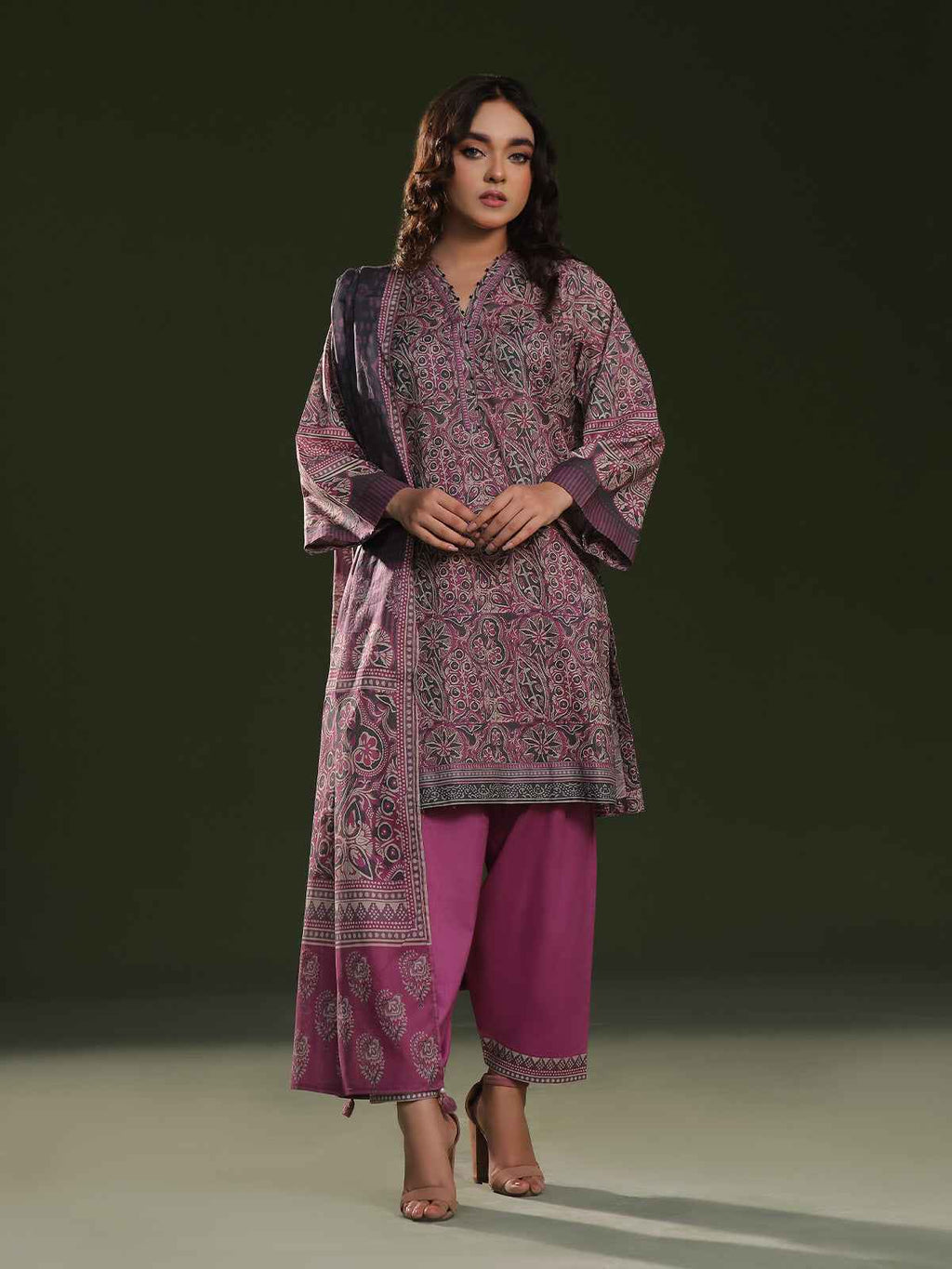 3Pc Printed Pret Suit Cambric Magenta - OW3P-2411015