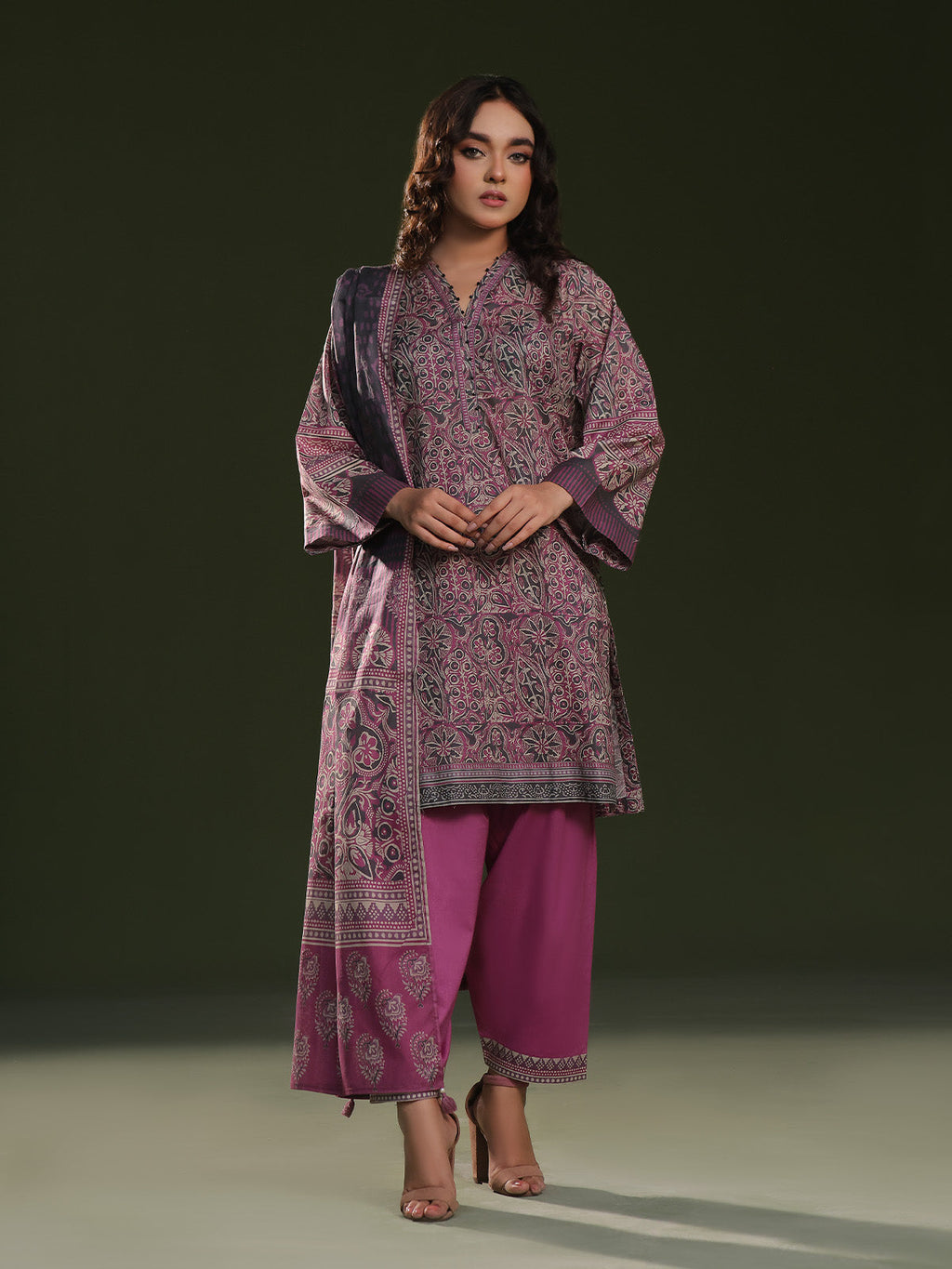 3Pc Printed Unstitched Cambric Magenta - OC3P-6267-A